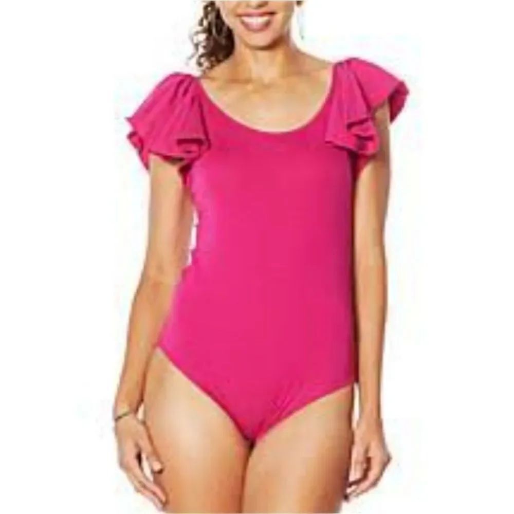 SHEIN NEON PINK RUFFLE SHOULDER ROUNDNECK BODYSUIT